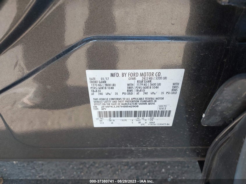VIN 2FMPK3J97HBB42908 2017 FORD EDGE SEL