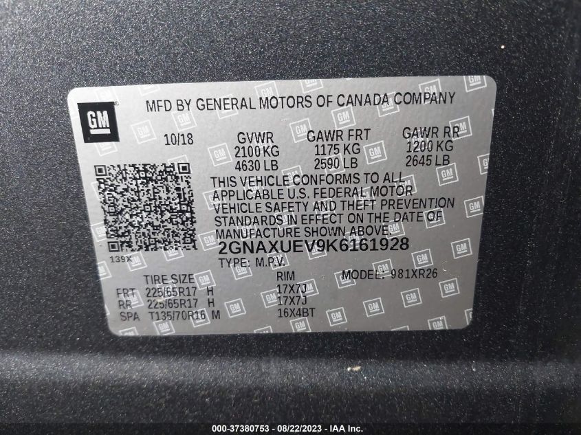 2019 CHEVROLET EQUINOX LT - 2GNAXUEV9K6161928
