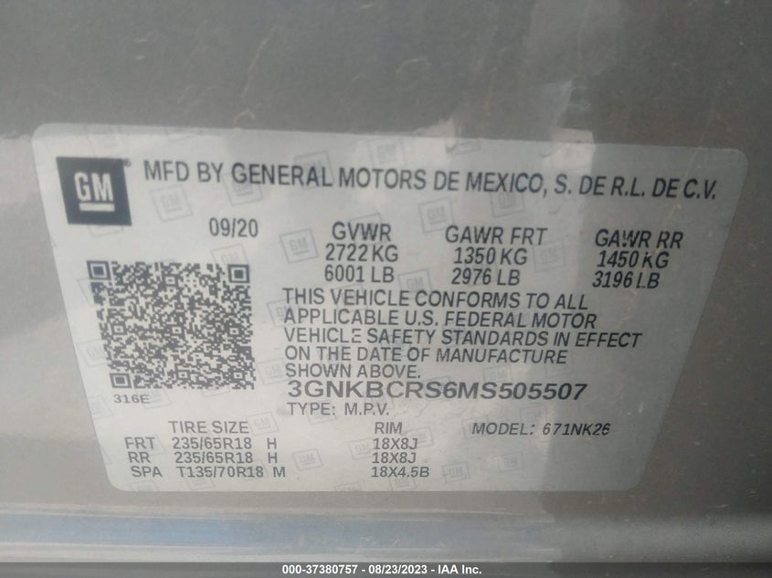 VIN 3GNKBCRS6MS505507 2021 CHEVROLET BLAZER LT