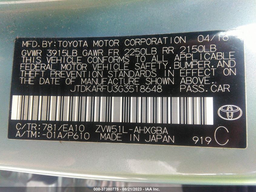 2016 TOYOTA PRIUS FOUR - JTDKARFU3G3518648