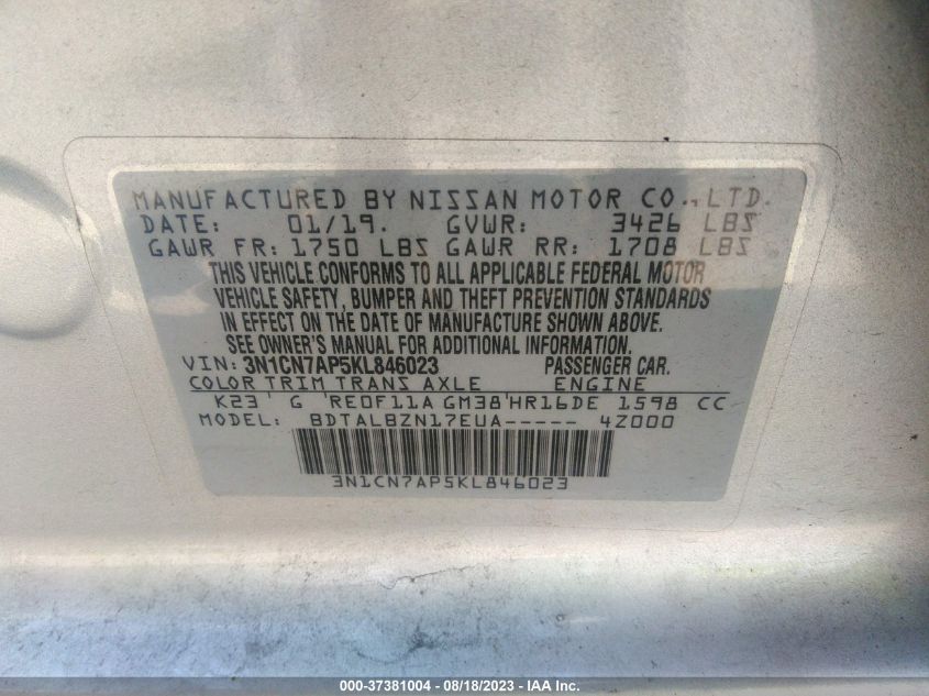2019 NISSAN VERSA SEDAN SV - 3N1CN7AP5KL846023