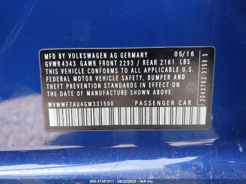 2016 VOLKSWAGEN GOLF R - WVWWF7AU4GW331500