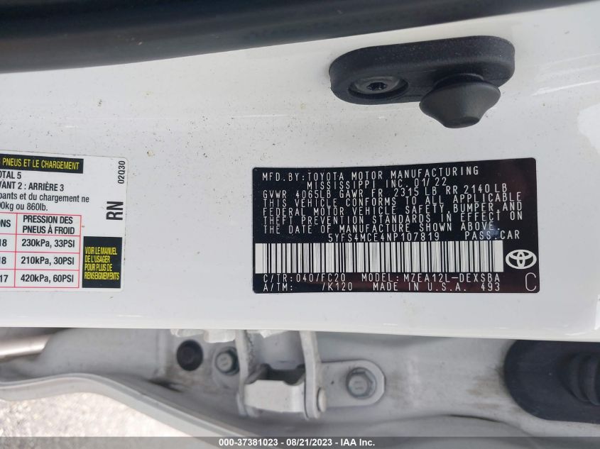2022 TOYOTA COROLLA SE/NIGHT SHADE - 5YFS4MCE4NP107819