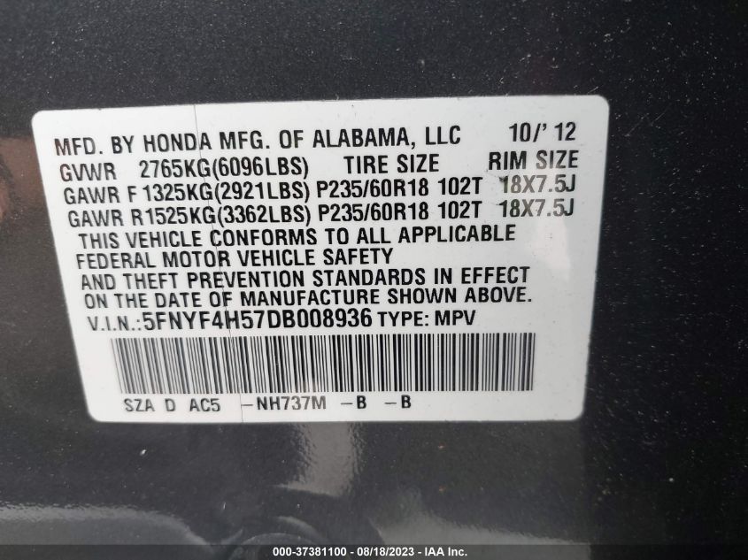 2013 HONDA PILOT EX-L - 5FNYF4H57DB008936