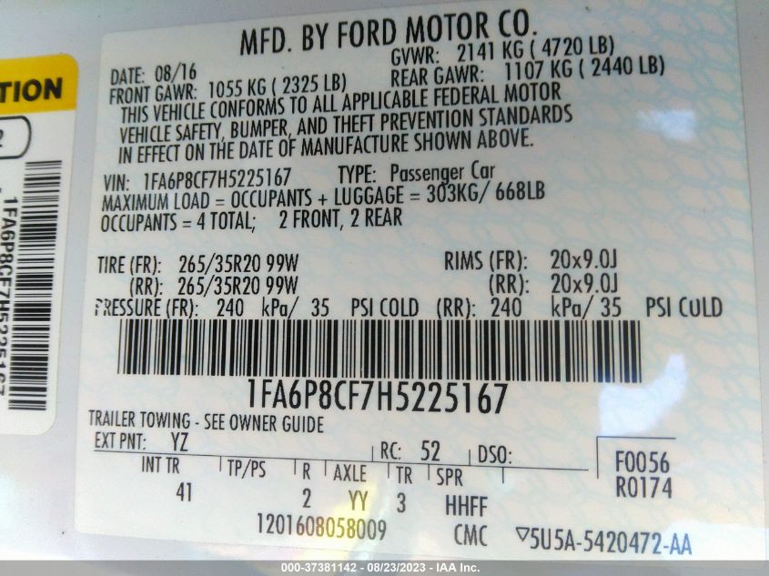 2017 FORD MUSTANG GT - 1FA6P8CF7H5225167