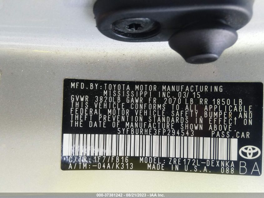 2015 TOYOTA COROLLA L/LE/S/S PLUS/LE PLUS - 5YFBURHE3FP294543