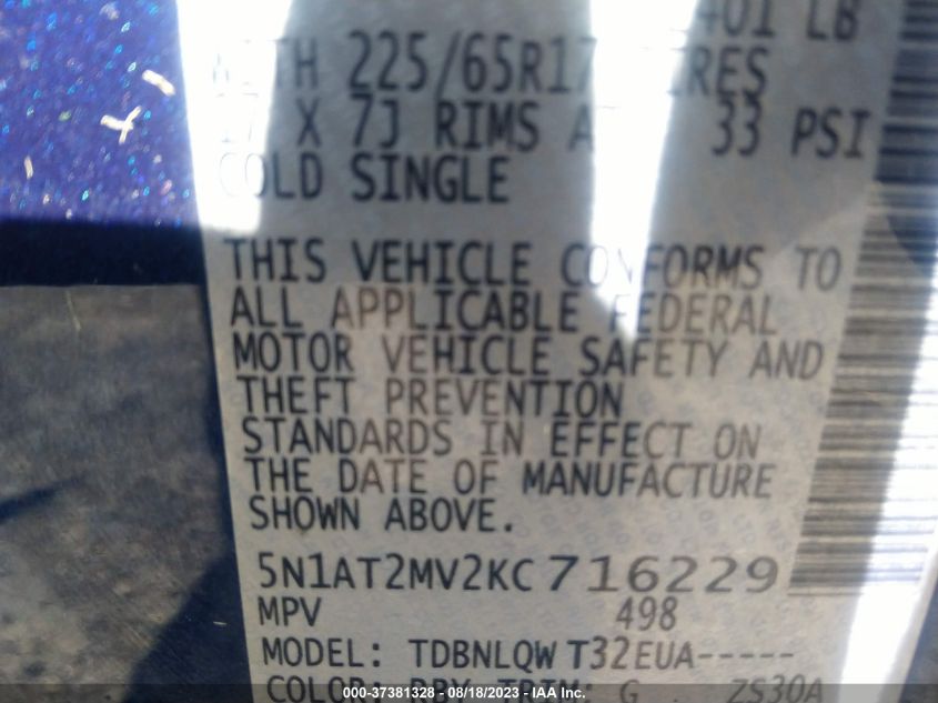 2019 NISSAN ROGUE SV - 5N1AT2MV2KC716229