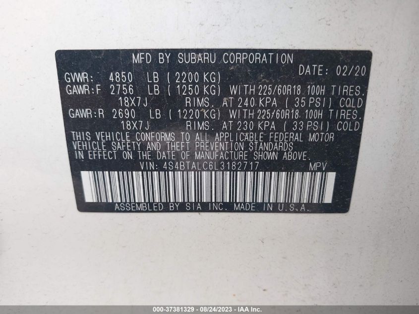 2020 SUBARU OUTBACK LIMITED - 4S4BTALC6L3182717