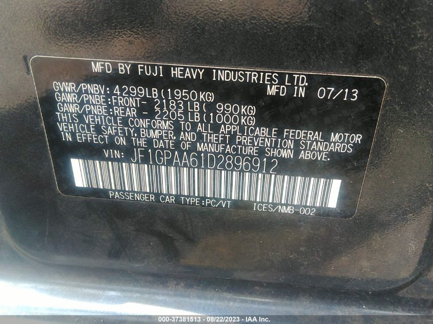 2013 SUBARU IMPREZA WAGON 2.0I - JF1GPAA61D2896912