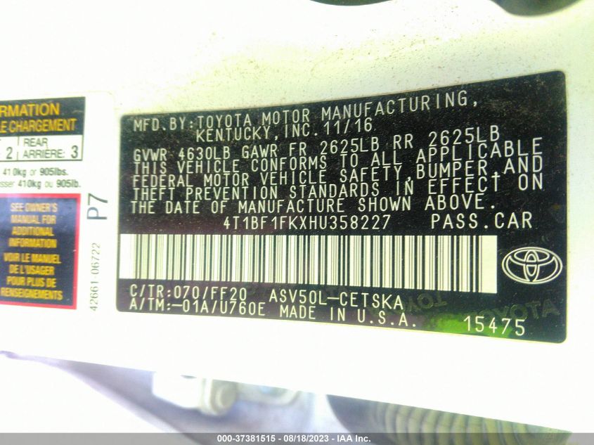 2017 TOYOTA CAMRY XLE/SE/LE/XSE - 4T1BF1FKXHU358227