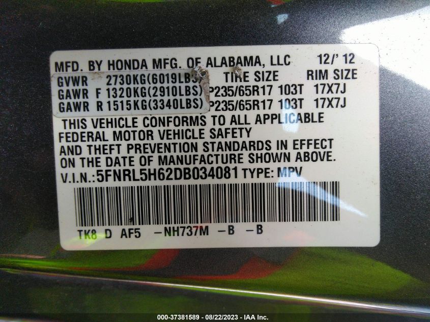 2013 HONDA ODYSSEY EX-L - 5FNRL5H62DB034081