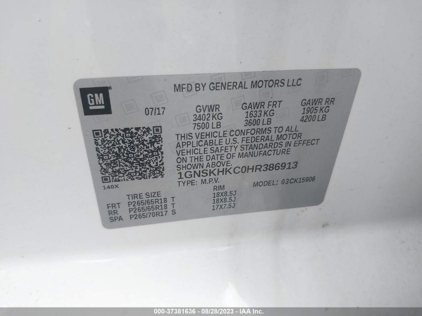 2017 CHEVROLET SUBURBAN K1500 LT - 1GNSKHKC0HR386913