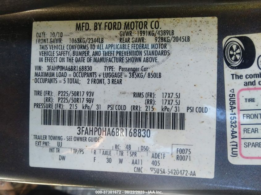 3FAHP0HA6BR168830 | 2011 FORD FUSION