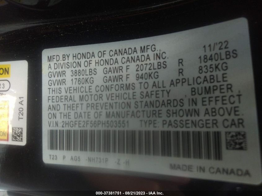 2023 HONDA CIVIC SEDAN SPORT - 2HGFE2F56PH503551