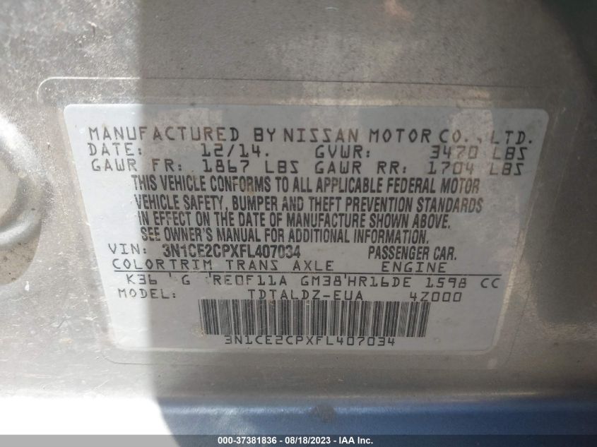 2015 NISSAN VERSA NOTE S/S PLUS/SV/SR/SL - 3N1CE2CPXFL407034