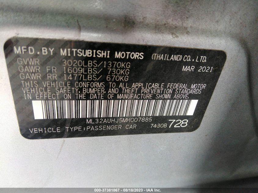 2021 MITSUBISHI MIRAGE ES/LE/CARBONITE EDITION - ML32AUHJ5MH007885