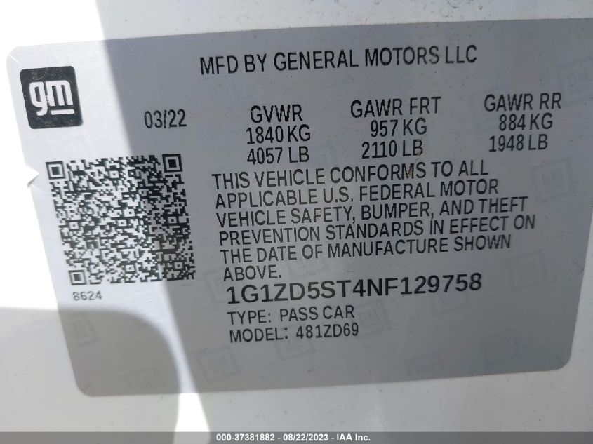 2022 CHEVROLET MALIBU LT - 1G1ZD5ST4NF129758
