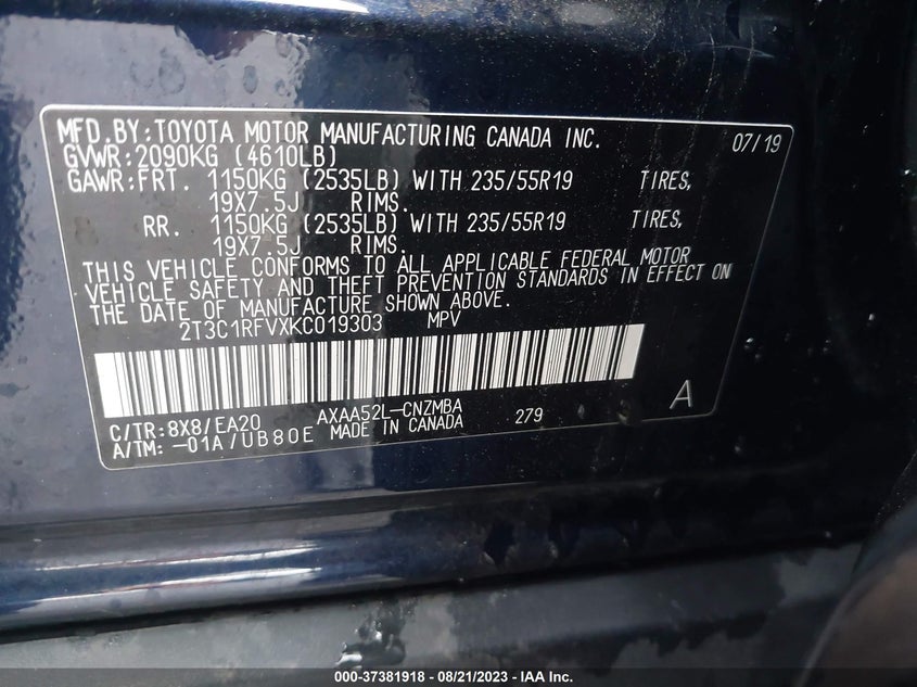 VIN 2T3C1RFVXKC019303 2019 TOYOTA RAV4 XLE PREMIUM