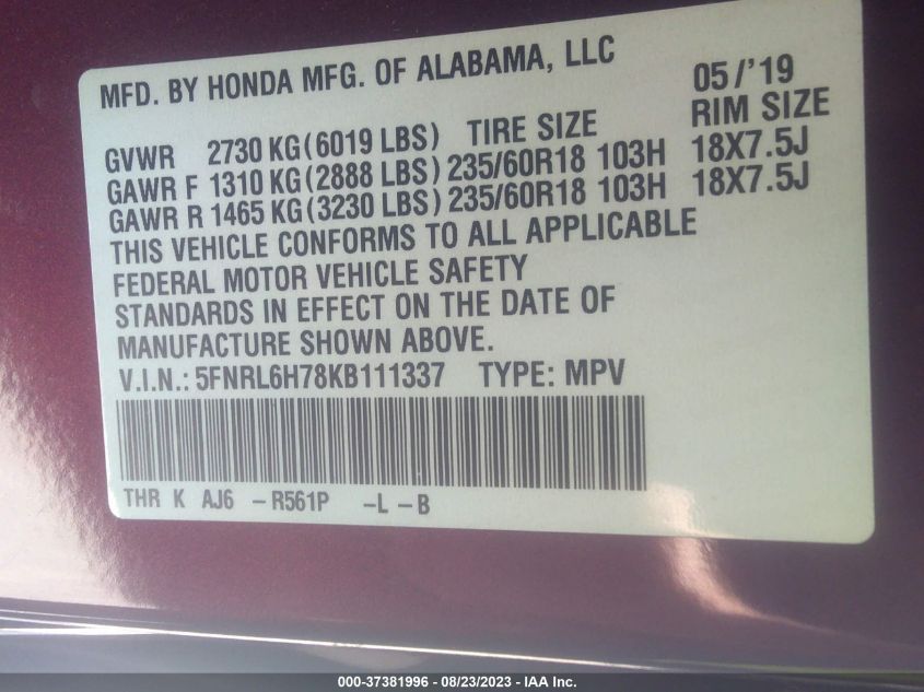 2019 HONDA ODYSSEY EX-L - 5FNRL6H78KB111337