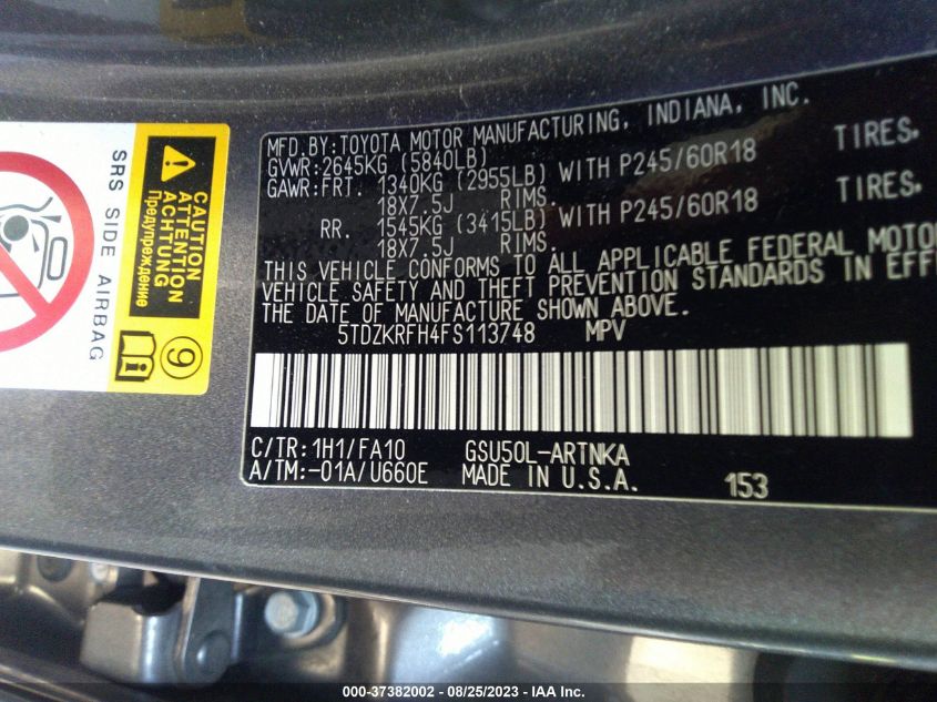 2015 TOYOTA HIGHLANDER LE/LE PLUS - 5TDZKRFH4FS113748