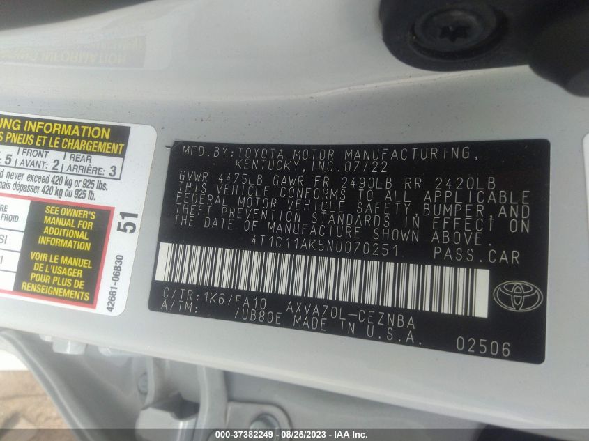 2022 TOYOTA CAMRY LE - 4T1C11AK5NU070251