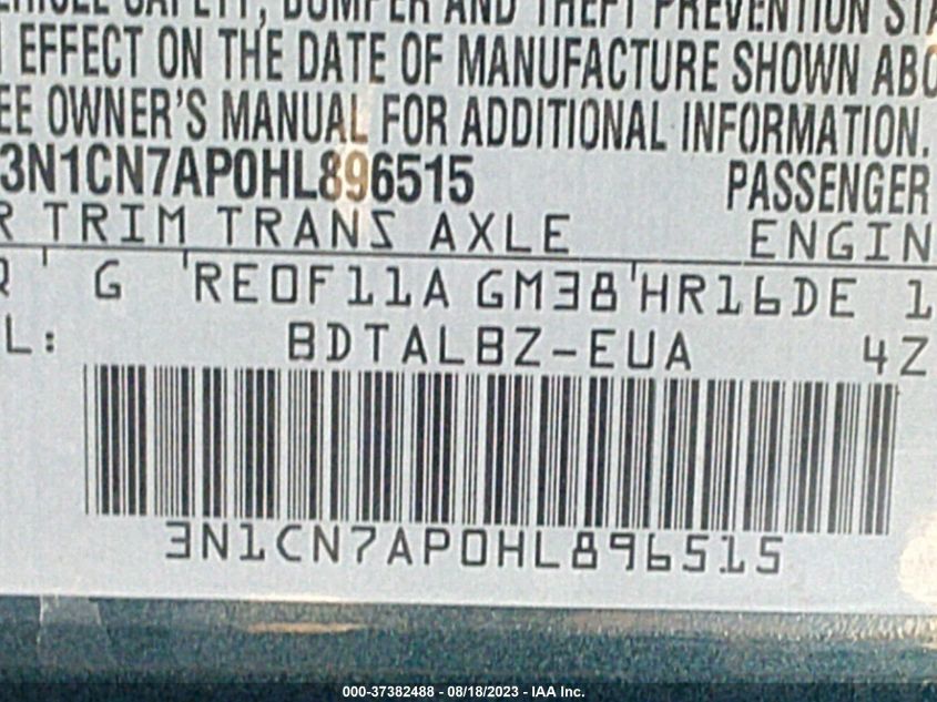 2017 NISSAN VERSA SEDAN SV - 3N1CN7AP0HL896515