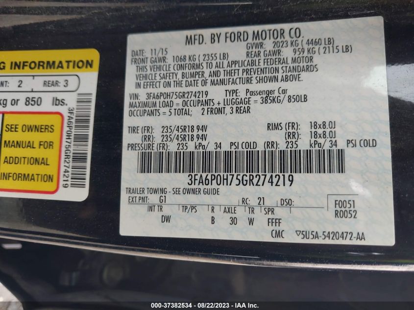 2016 FORD FUSION SE - 3FA6P0H75GR274219