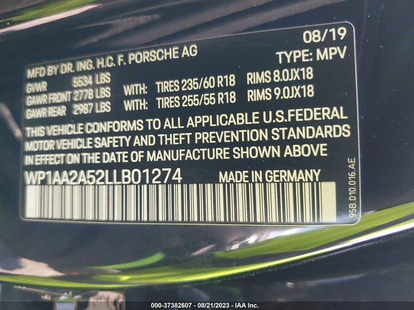 VIN WP1AA2A52LLB01274 2020 PORSCHE MACAN