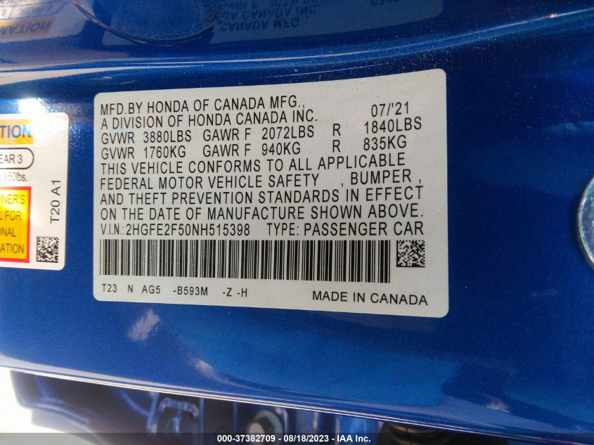 2022 HONDA CIVIC SEDAN SPORT - 2HGFE2F50NH515398