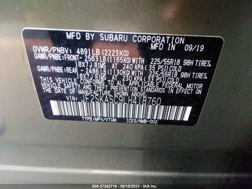 2020 SUBARU FORESTER LIMITED - JF2SKASC9LH418760