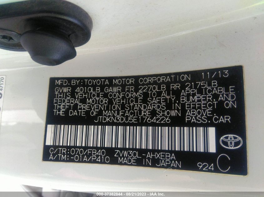 2014 TOYOTA PRIUS FOUR/FIVE/THREE/ONE/TWO - JTDKN3DU5E1764226