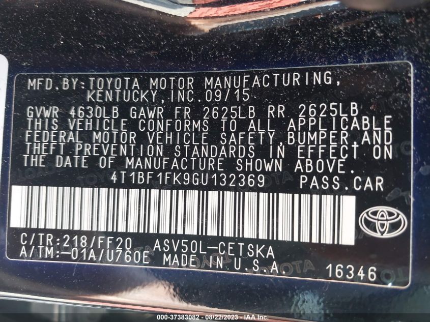 2016 TOYOTA CAMRY XLE/SE/LE/XSE - 4T1BF1FK9GU132369