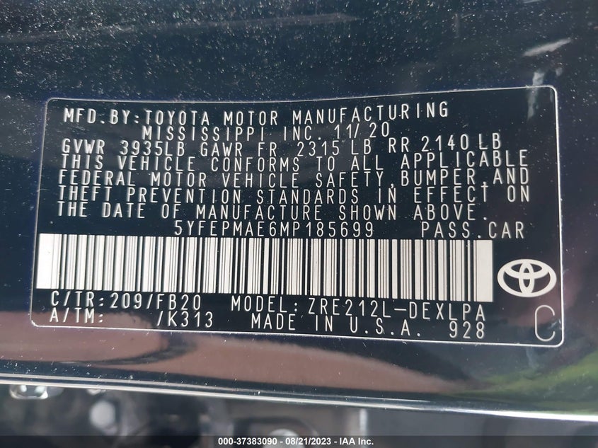 VIN 5YFEPMAE6MP185699 2021 TOYOTA COROLLA LE