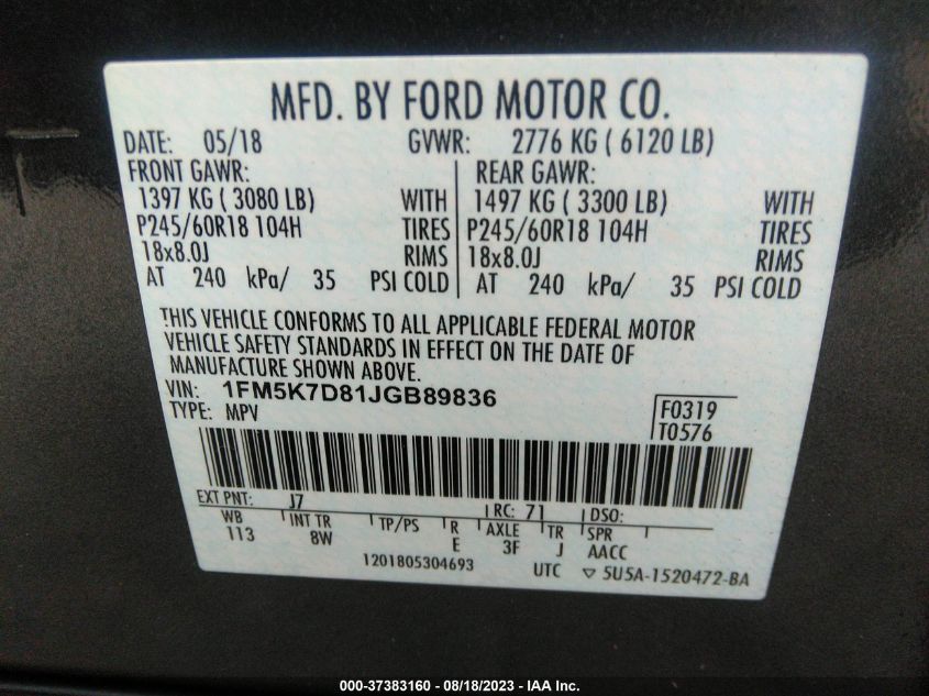 2018 FORD EXPLORER XLT - 1FM5K7D81JGB89836