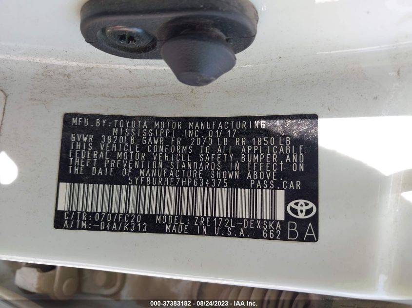 2017 TOYOTA COROLLA L/LE/XLE/SE - 5YFBURHE7HP634375