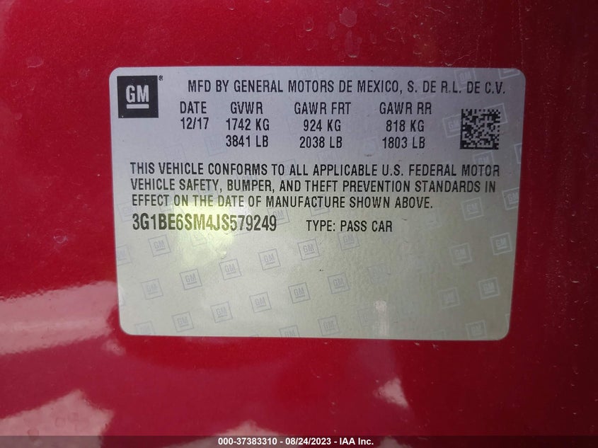 VIN 3G1BE6SM4JS579249 2018 CHEVROLET CRUZE LT