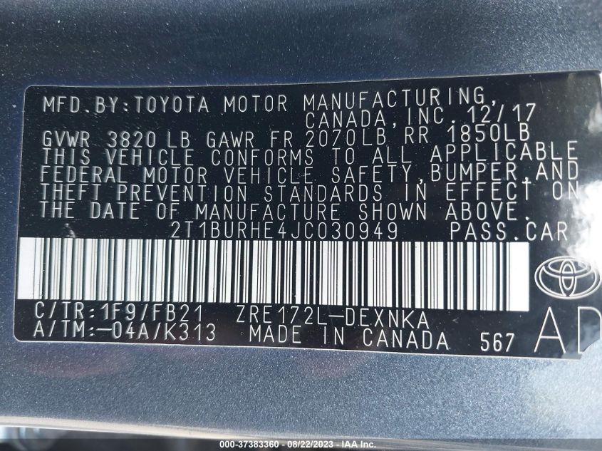 2018 TOYOTA COROLLA L/LE/XLE/SE/XSE - 2T1BURHE4JC030949