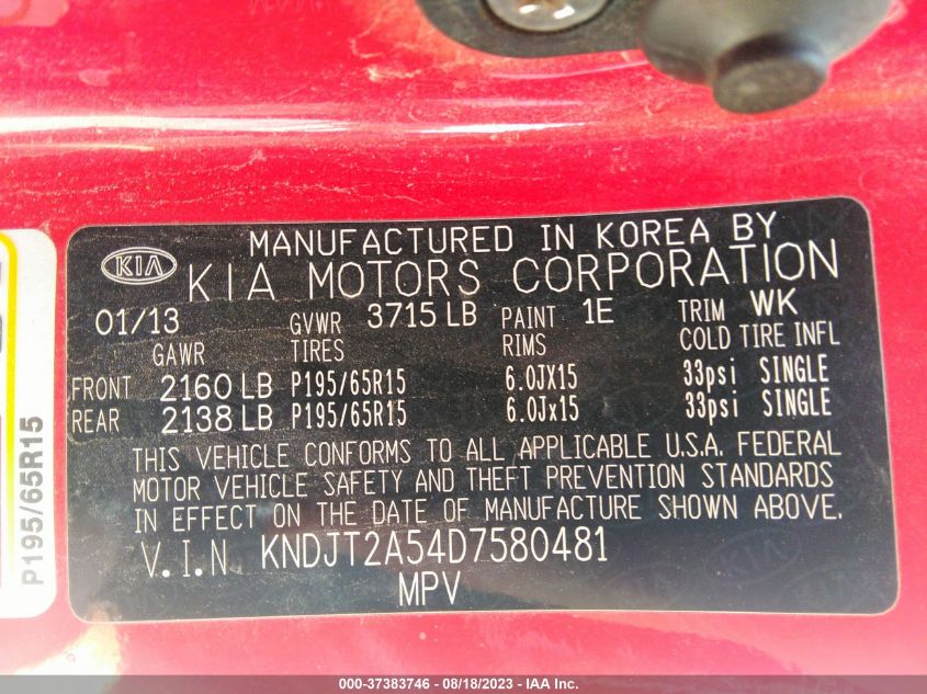 2013 KIA SOUL BASE - KNDJT2A54D7580481