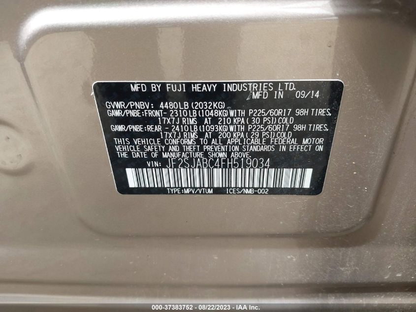 2015 SUBARU FORESTER 2.5I - JF2SJABC4FH519034