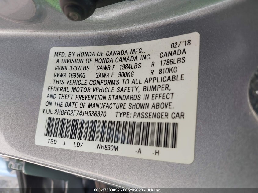 VIN 2HGFC2F74JH536370 2018 HONDA CIVIC SEDAN EX