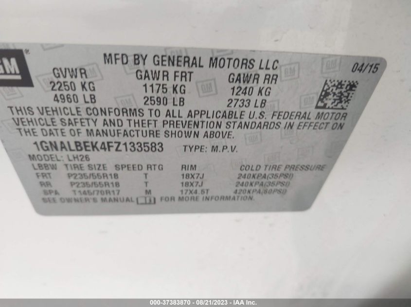 2015 CHEVROLET EQUINOX LT - 1GNALBEK4FZ133583