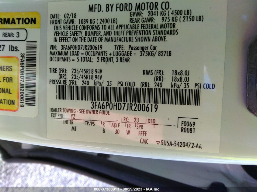 2018 FORD FUSION SE - 3FA6P0HD7JR200619