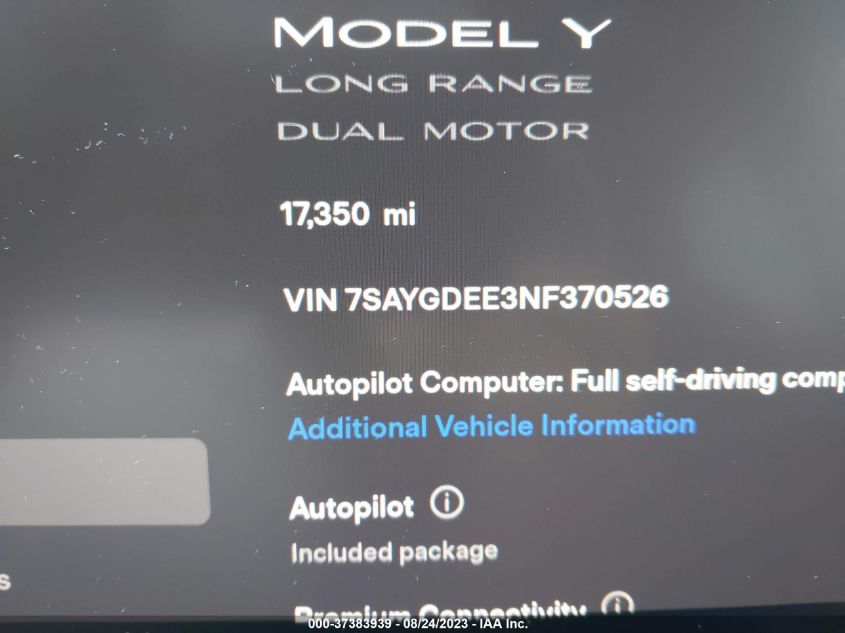 2022 TESLA MODEL Y LONG RANGE - 7SAYGDEE3NF370526