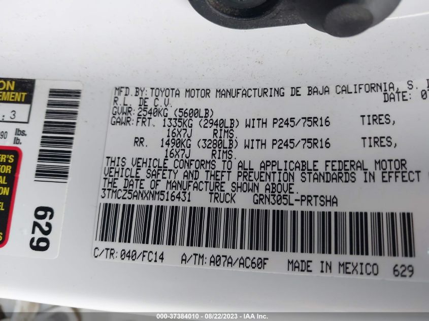 2022 TOYOTA TACOMA 4WD SR/SR5/TRD SPORT - 3TMCZ5ANXNM516431