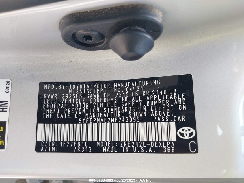 VIN 5YFEPMAE2MP243095 2021 TOYOTA COROLLA LE
