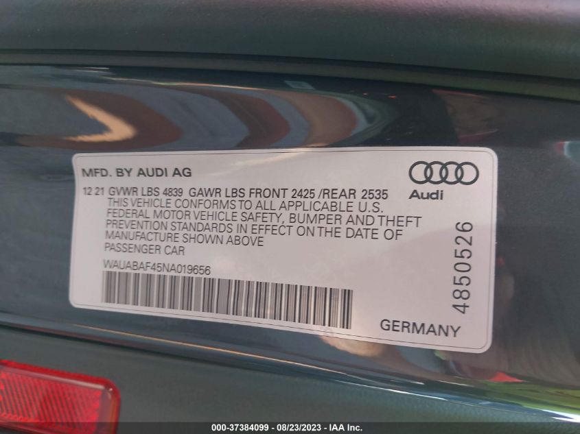 2022 AUDI A4 SEDAN PREMIUM - WAUABAF45NA019656