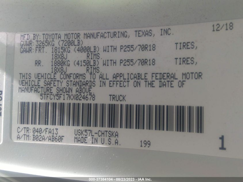 2019 TOYOTA TUNDRA 4WD SR/SR5 - 5TFCY5F17KX024678