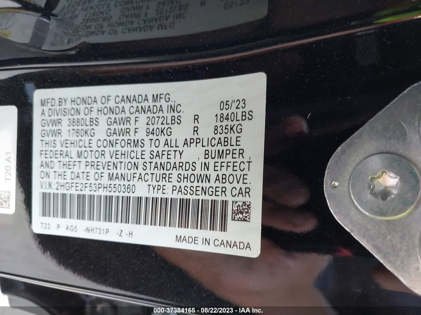 VIN 2HGFE2F53PH550360 2023 HONDA CIVIC SEDAN SPORT