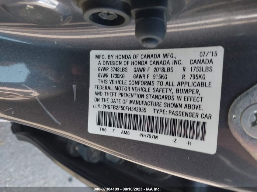 2015 HONDA CIVIC SEDAN LX - 2HGFB2F50FH543955
