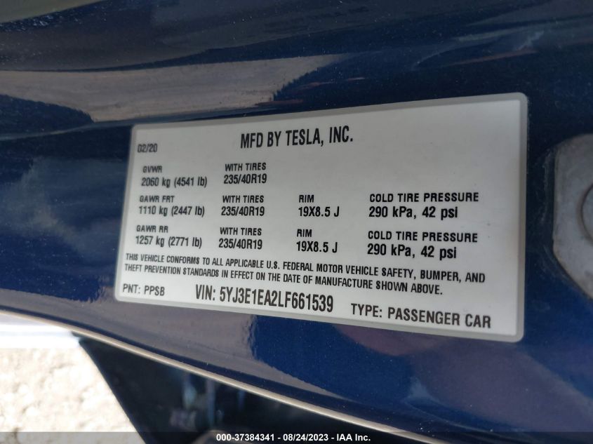 2020 TESLA MODEL 3 STANDARD RANGE - 5YJ3E1EA2LF661539
